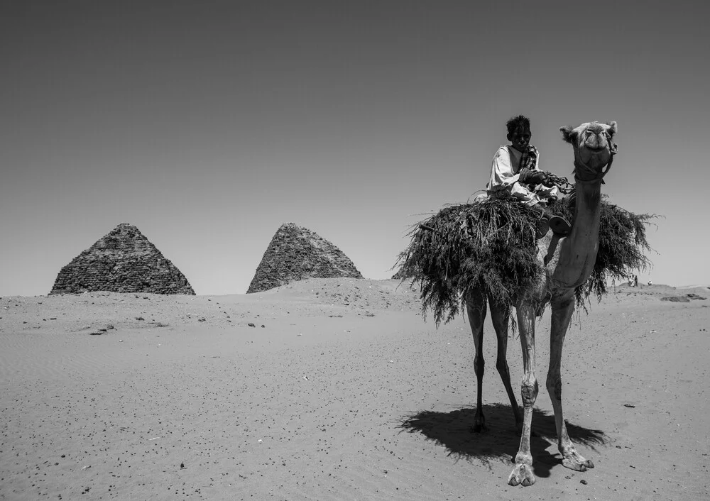 Niño en un camello frente a las pirámides reales de Napata, Nuri, S - Fotografía artística de Eric Lafforgue