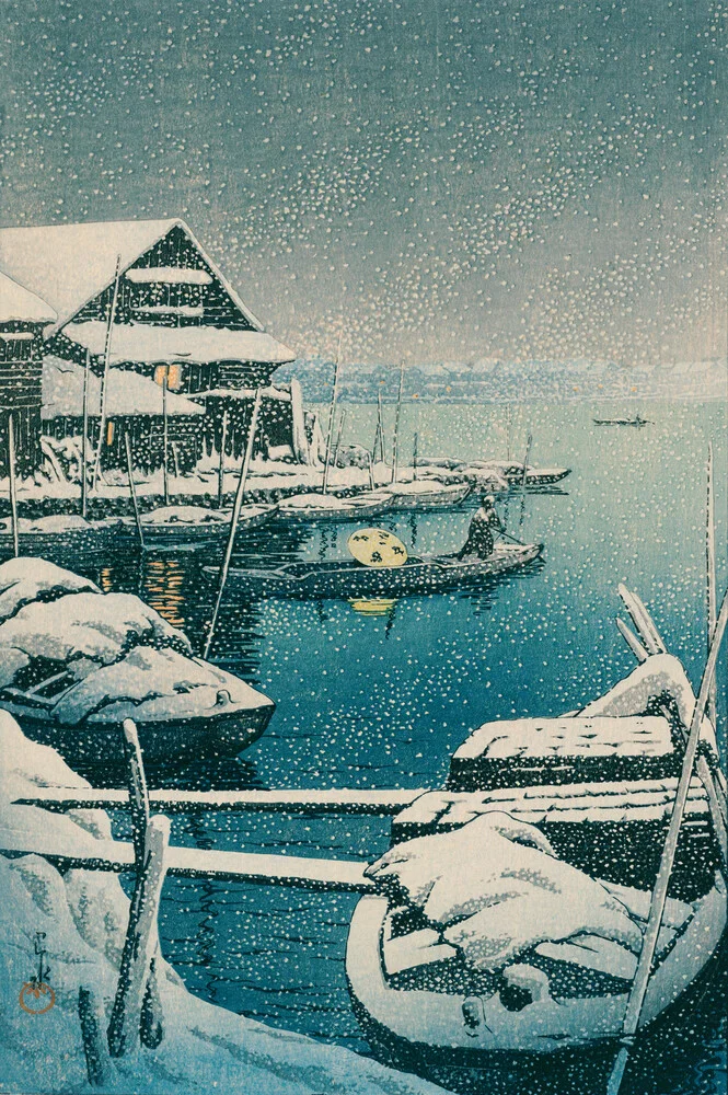 Barco en un día nevado de Hasui Kawase - Fotografía Fineart de Japanese Vintage Art