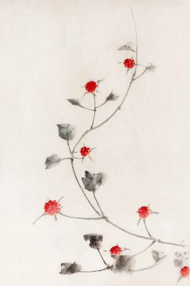 Pequeñas flores rojas en una vid de Katsushika Hokusai - fotografía de arte vintage japonés