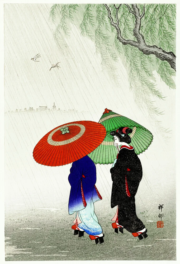 Dos mujeres bajo la lluvia de Ohara Koson - Fotografía artística de Japanese Vintage Art