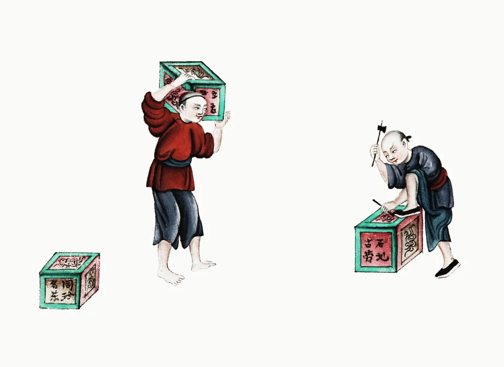 Cuadro chino que representa a dos hombres con cajas de té - Fotografía artística de Vintage Collection