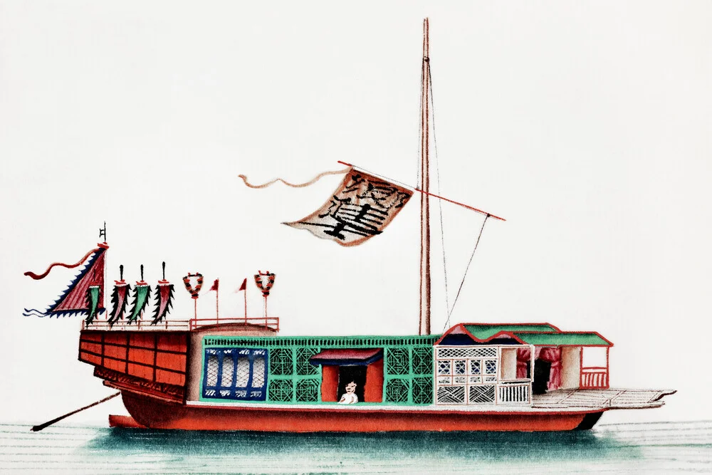 Pintura china de un junco de pasajeros del río - Fotografía artística de Vintage Collection