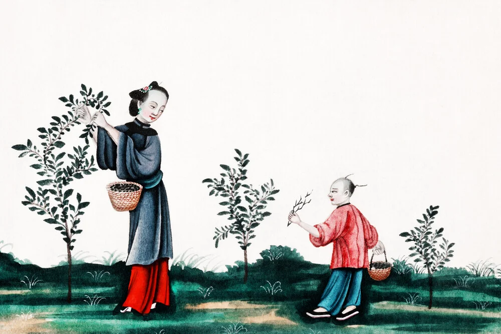 Cuadro chino que representa a una madre y un hijo arrancando brotes de té - Fotografía artística de Vintage Collection