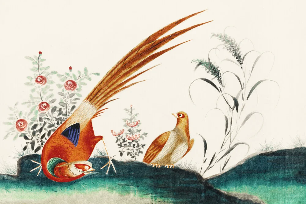 Pintura china con dos pájaros entre flores - Fotografía artística de Vintage Nature Graphics