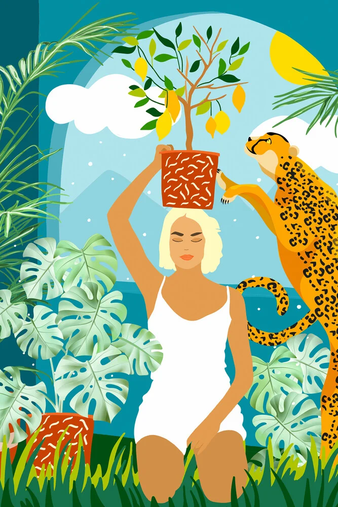 Ilustración de Bring The Jungle Home, Pintura de mujer y gato salvaje de guepardo tropical - Fotografía artística de Uma Gokhale