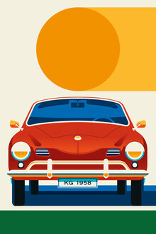 Bo Lundberg, coche deportivo antiguo rojo con sol naranja