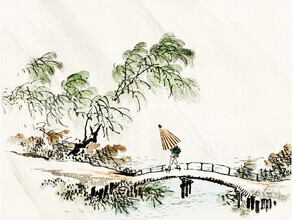 Arte vintage japonés, un hombre cruzando el puente por Kōno Bairei (Japón, Asia)