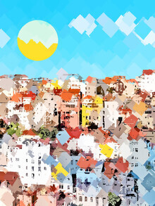 Uma Gokhale, Ciudad de los Sueños, Italia Pintura de paisaje urbano en colores pastel, Edificio de arquitectura