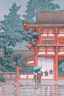 Arte vintage japonés, lluvia en el templo Shiba Zojo por Hasui Kawase (Japón, Asia)