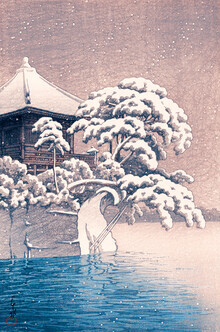 Arte vintage japonés, templo japonés en un invierno nevado por Kawase Hasui - Japón, Asia)