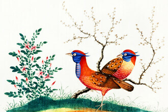 Vintage Nature Graphics, pintura china con dos pájaros parecidos a faisanes con plantas con flores (Alemania, Europa)