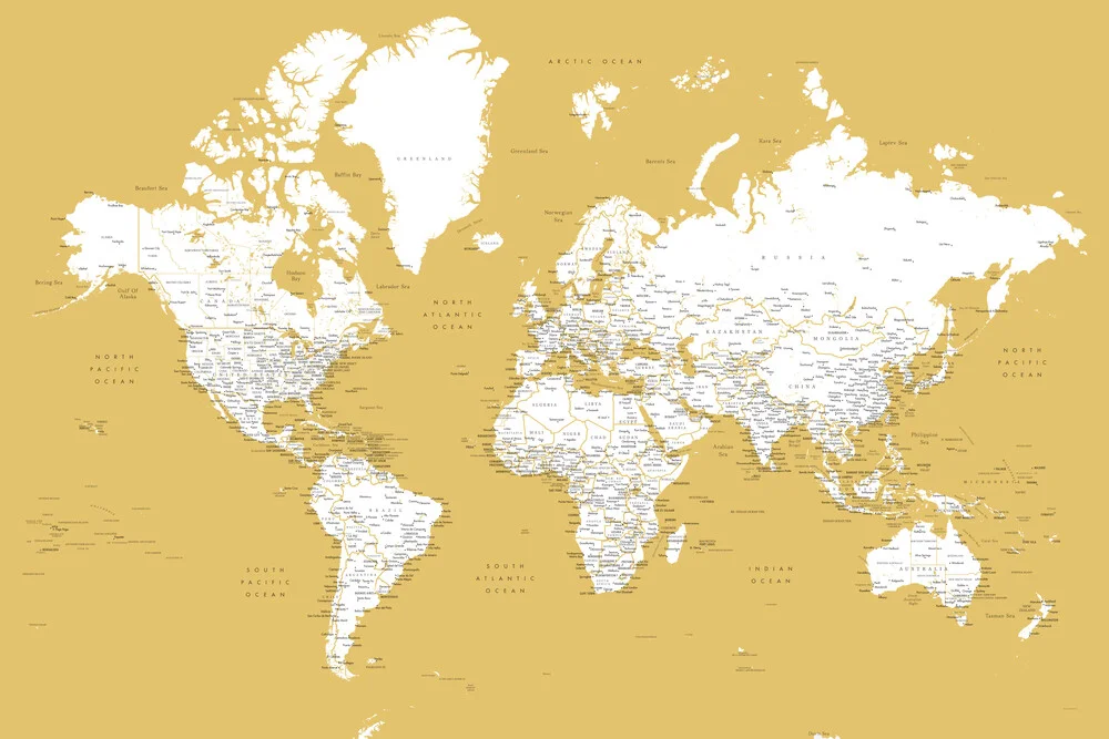 Carte du monde détaillée avec des villes en jaune moutarde - Photographie fineart de Rosana Laiz García