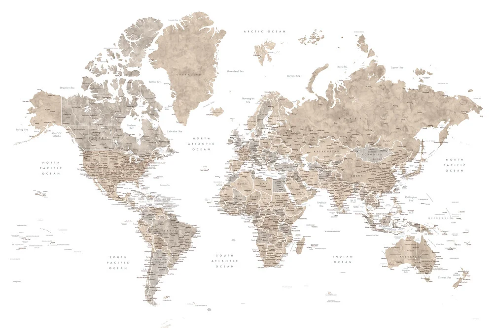 Carte du monde détaillée à l'aquarelle neutre Abey - Photographie fineart de Rosana Laiz García