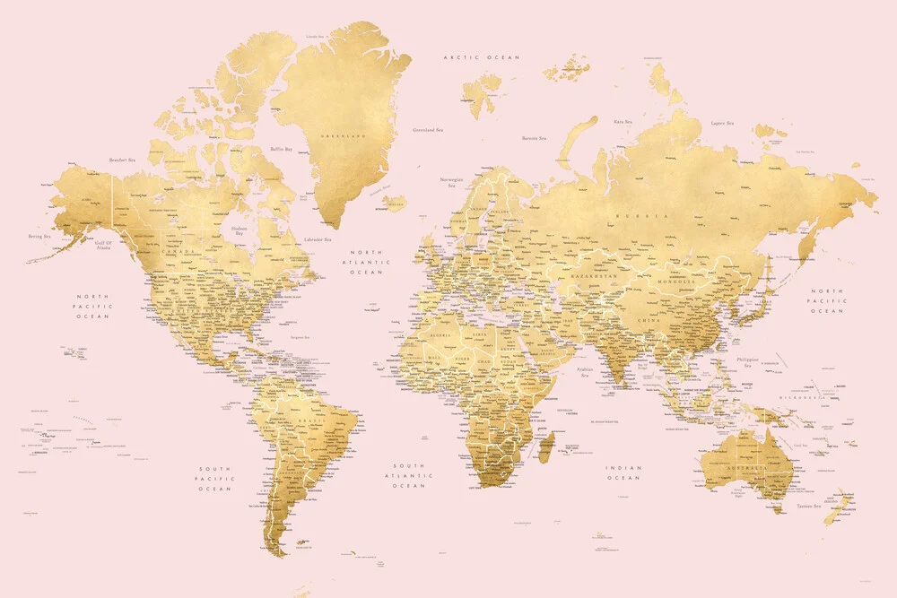 Carte du monde détaillée avec des villes en or et rose - Photographie fineart de Rosana Laiz García