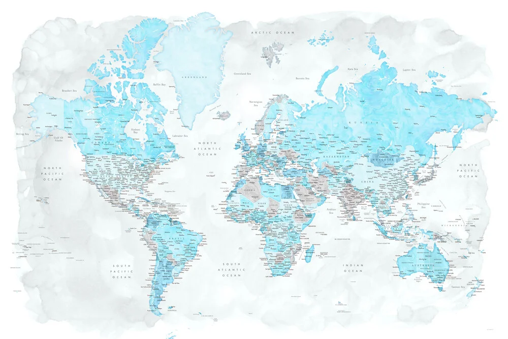 Carte du monde détaillée à l'aquarelle bleue et grise - Photographie fineart de Rosana Laiz García