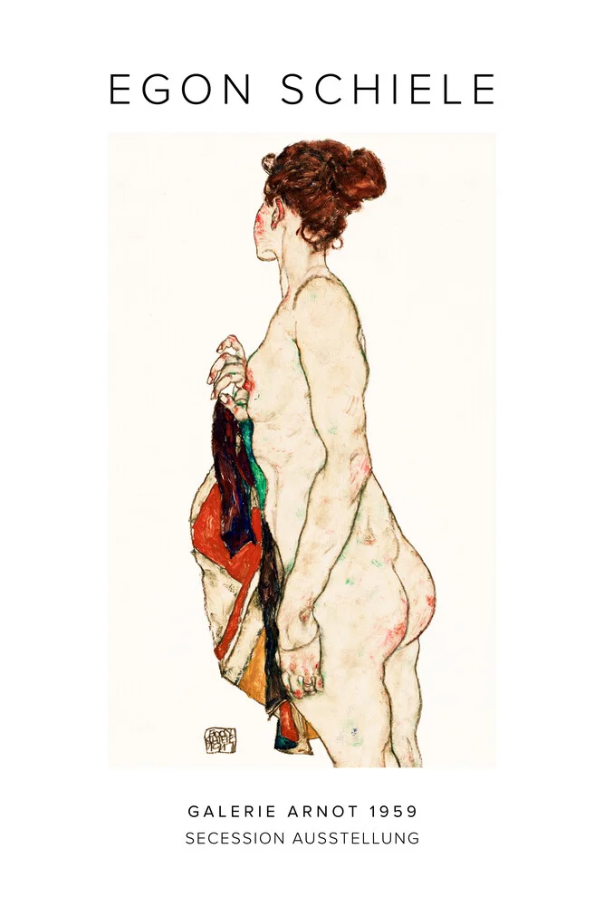 Egon Schiele : Femme nue debout avec une robe à motifs - exh. poster - Photographie fineart par Art Classics