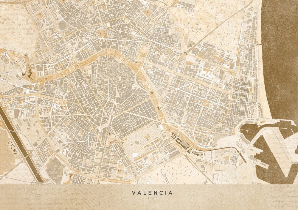 Carte vintage sépia de Valence Espagne - Photographie Fineart de Rosana Laiz García