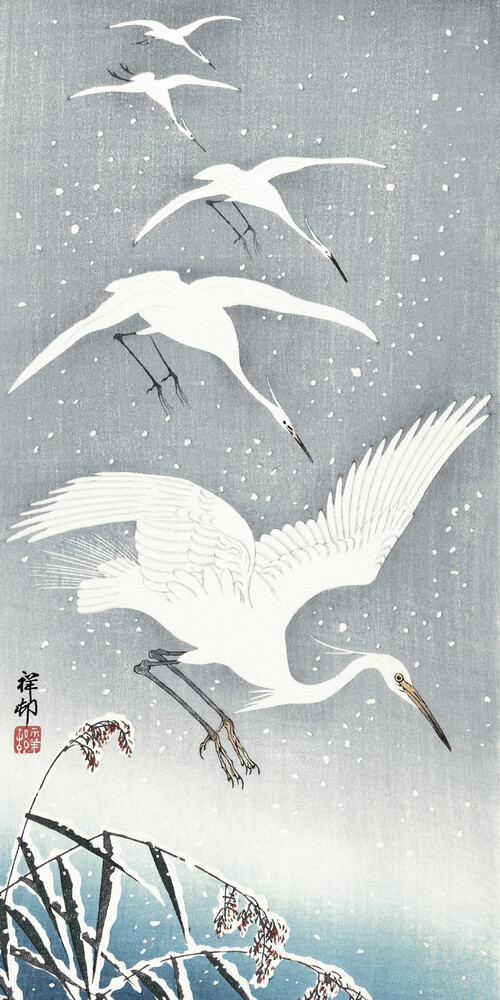 Aigrettes descendantes dans la neige - Photographie fineart par Japanese Vintage Art