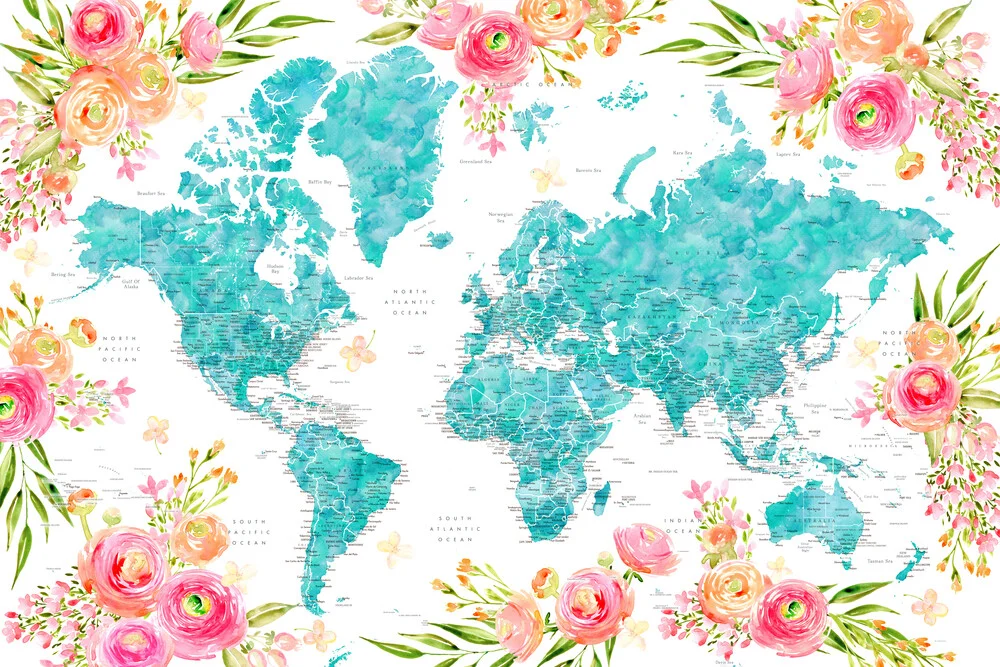 Carte du monde florale détaillée à l'aquarelle Halen - Photographie fineart de Rosana Laiz García