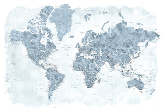 Rosana Laiz García, Carte du monde détaillée avec des villes en aquarelle gris acier (Allemagne, Europe)