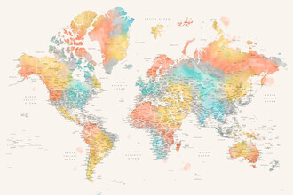 Rosana Laiz García, Carte du monde détaillée à l'aquarelle colorée avec villes (Espagne, Europe)