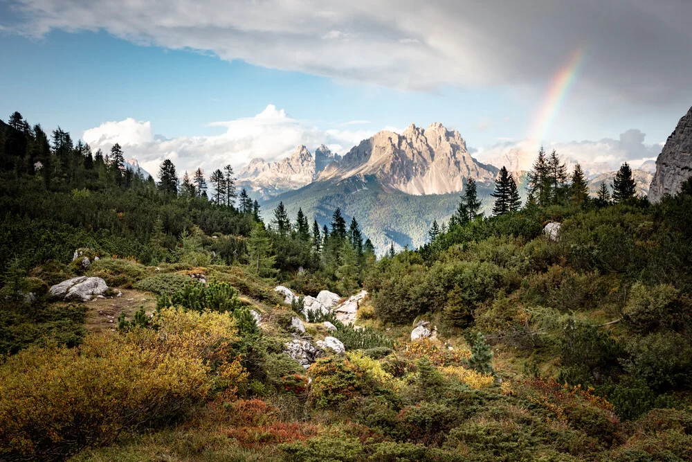 Paesaggio idilliaco di montagna con arcobaleno - Fotografia Fineart di Franz Sussbauer