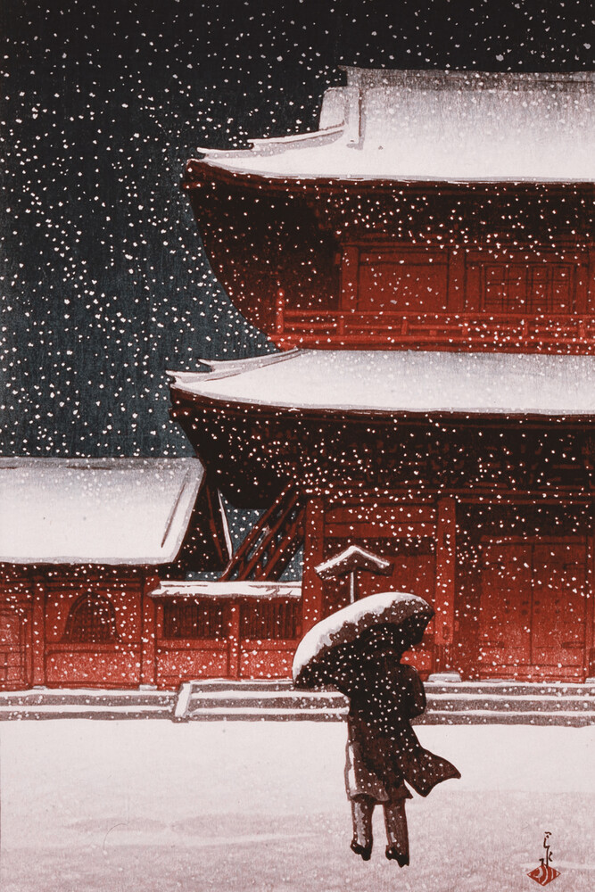 Shiba Zojo Temple in Snow di Hasui Kawase - Fotografia Fineart di Japanese Vintage Art