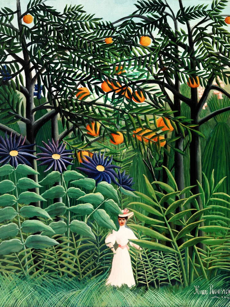 Donna che cammina in una foresta esotica di Henri Rousseau - Fotografia Fineart di Art Classics