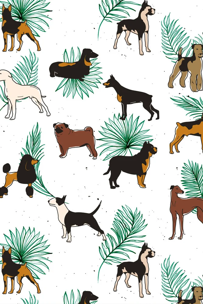 Miracoli con zampe, illustrazione di animali domestici cane eccentrico carino tropicale, capriccioso bassotto Pug Poodle Palm - fotografia Fineart di Uma Gokhale