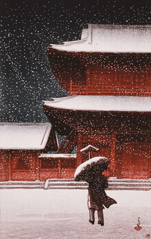 Arte vintage giapponese, tempio di Shiba Zojo nella neve di Hasui Kawase (Giappone, Asia)