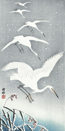 Arte vintage giapponese, garzette discendenti nella neve