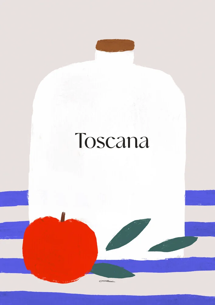 Bedrukte wanddecoratie met illustratie van een witte Toscaanse olijfoliefles - fotokunst von Matías Larraín