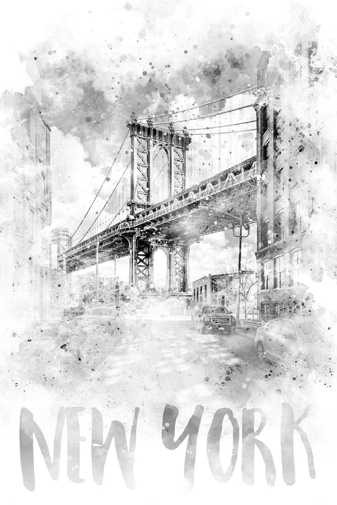 Monochrome kunst NYC Manhattan Bridge | aquarel - Fineart fotografie door Melanie Viola