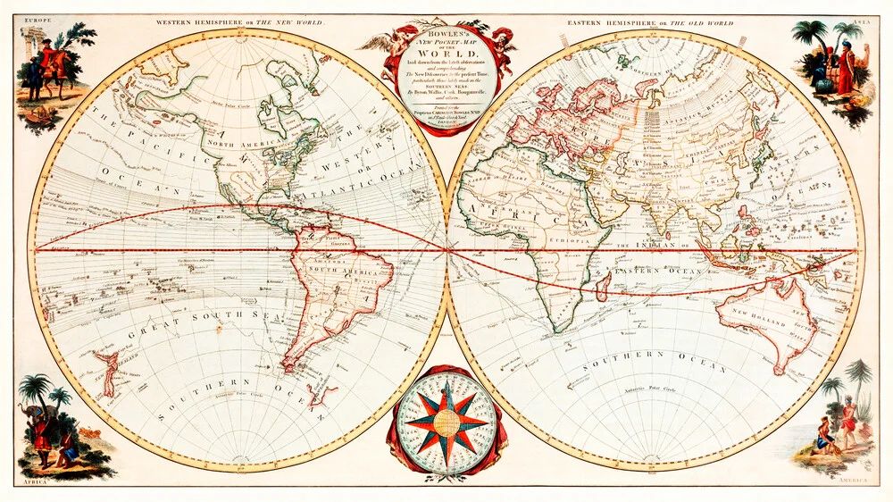 Bowles' nieuwe en nauwkeurige kaart van de wereld, of terrestrische globe - Fineart fotografie door Vintage Nature Graphics