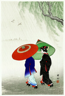 Japanse vintage kunst, twee vrouwen in de regen door Ohara Koson