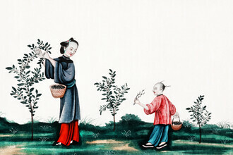 Vintage collectie, Chinees schilderij ter illustratie van een moeder en een zoon die theespruiten plukken (Duitsland, Europa)