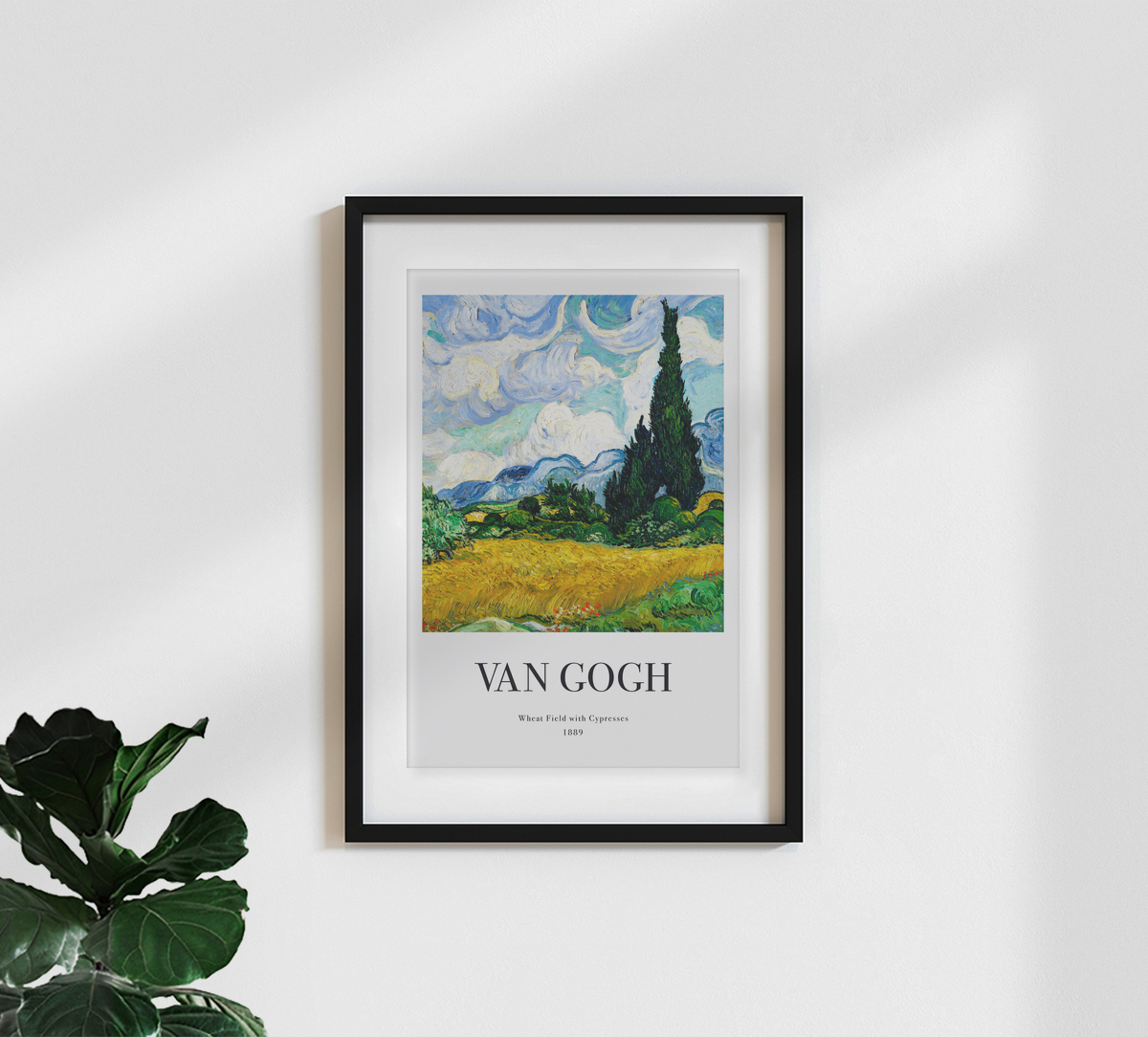 Van Gogh T-Shirt „Weizenfeld Mit Zypressen“ – Kunst-Druck, Uni-Sex, Baumwolle, Weiß