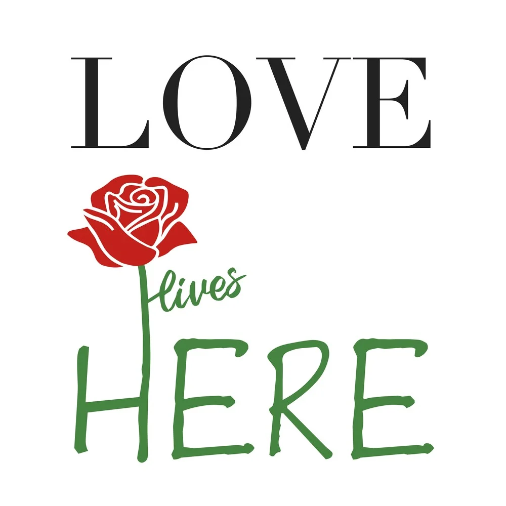 Wandbild 'LOVE LIVES HERE' – Kunst von Atelier Posters als Poster oder Acrylglasbild