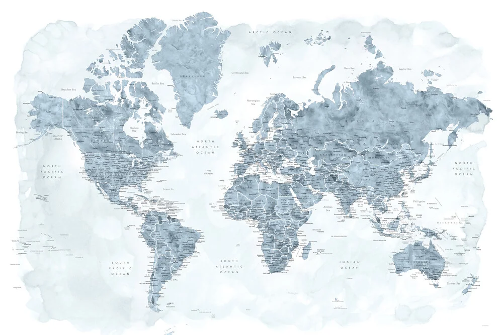 Detailgetreue Weltkarte mit Städtenamen in blaugrau - fotokunst von Rosana Laiz García