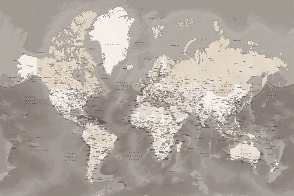 Detailed world map in brown with ocean floor - Fineart photography by Rosana Laiz García