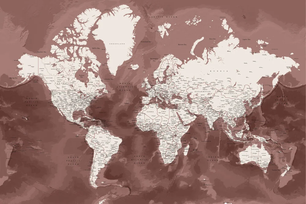 Detailed world map in maroon with oceans floor - Fineart photography by Rosana Laiz García