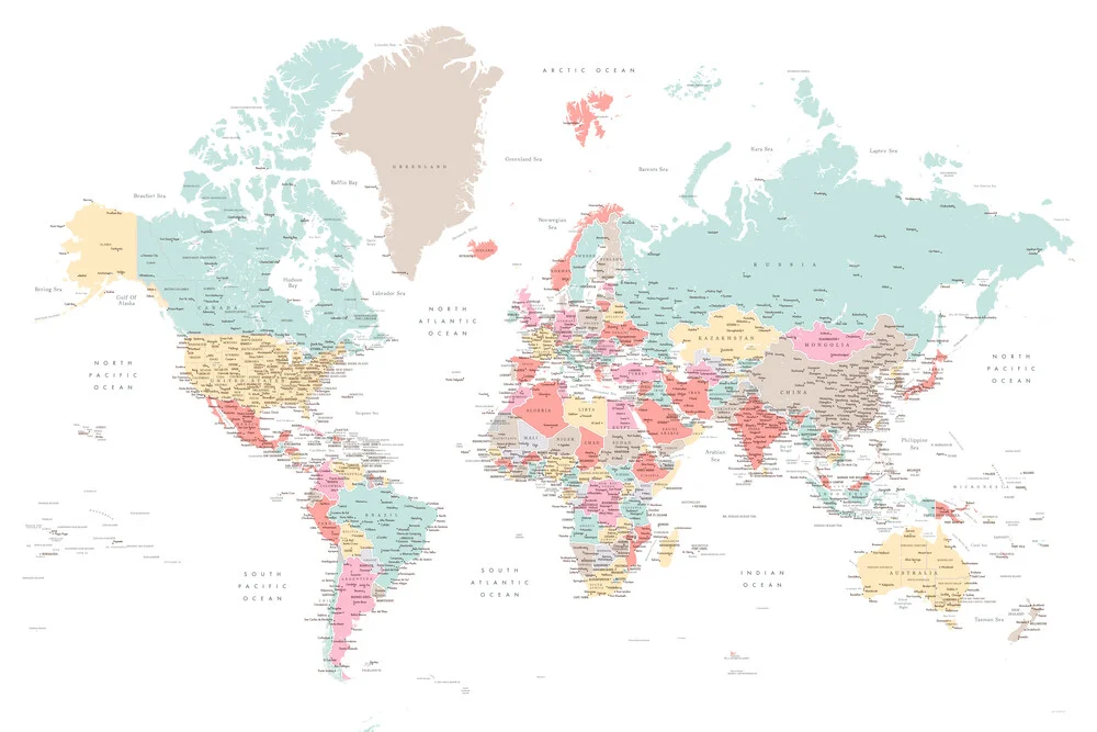 Detailgetreue Weltkarte mit Städtenamen und Ländern farbig gekennzeichnet - fotokunst von Rosana Laiz García