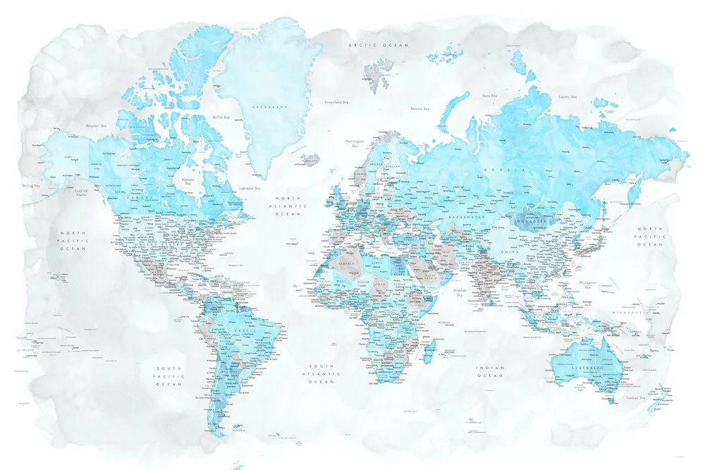 Detailed world map in blue and gray watercolor - Fineart photography by Rosana Laiz García