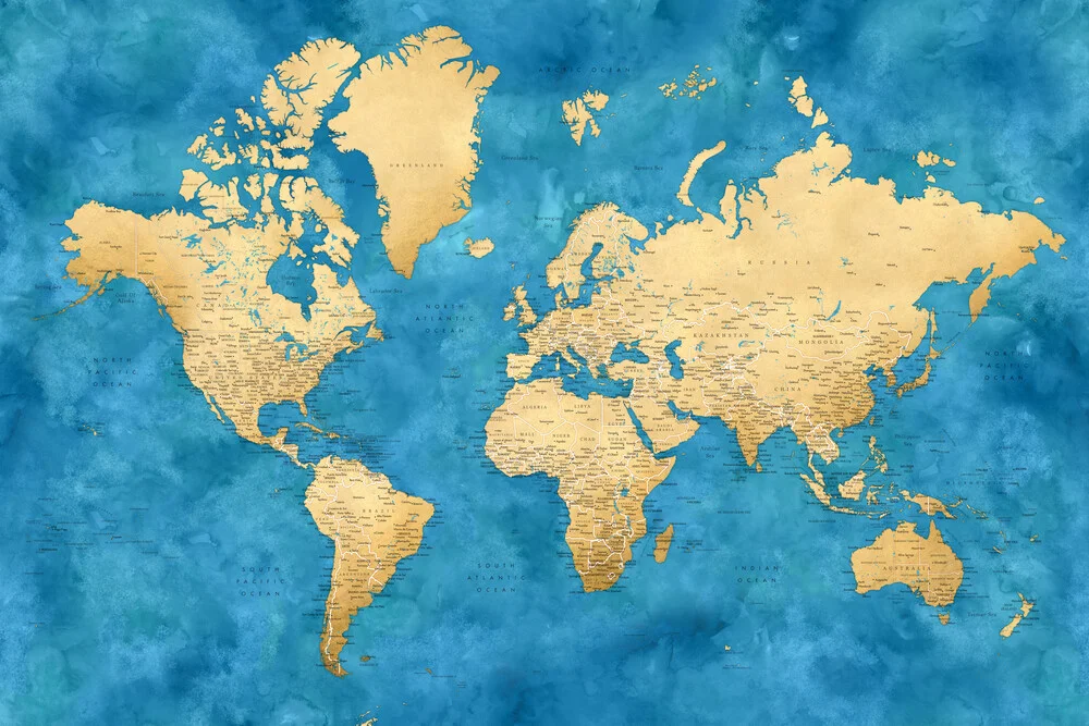 Detailgetreue Weltkarte mit Städtenamen in gold und blau - fotokunst von Rosana Laiz García