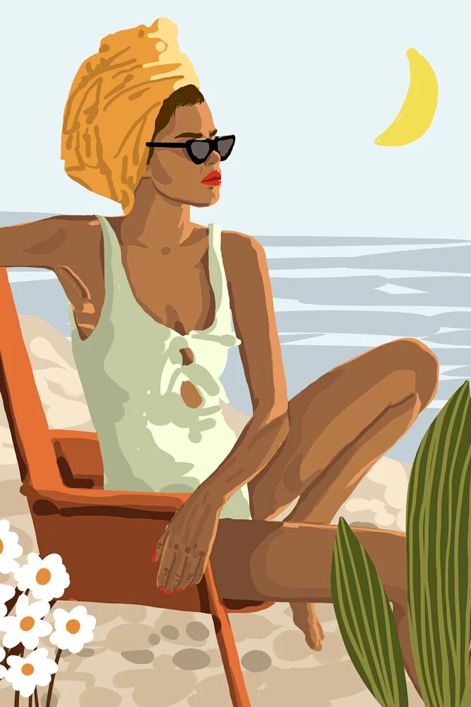 Moon Child, Beach Vacation, Black Woman Illustration Travel Ocean - fotokunst von Uma Gokhale