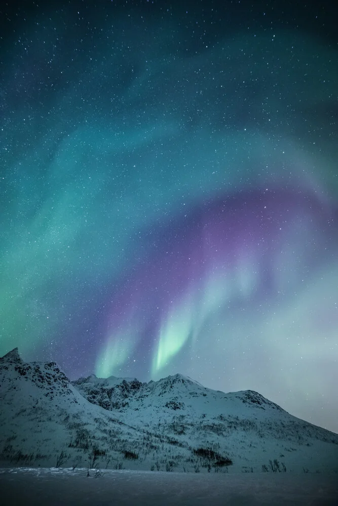 Fotokunst von Sebastian Worm: Nordlichter über dem norwegischen Nachthimmel.