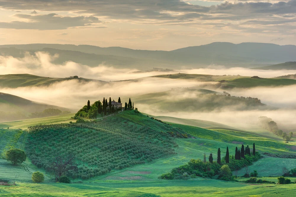 Morgennebel im Val d'Orcia in der Toskana - fotokunst von Michael Valjak