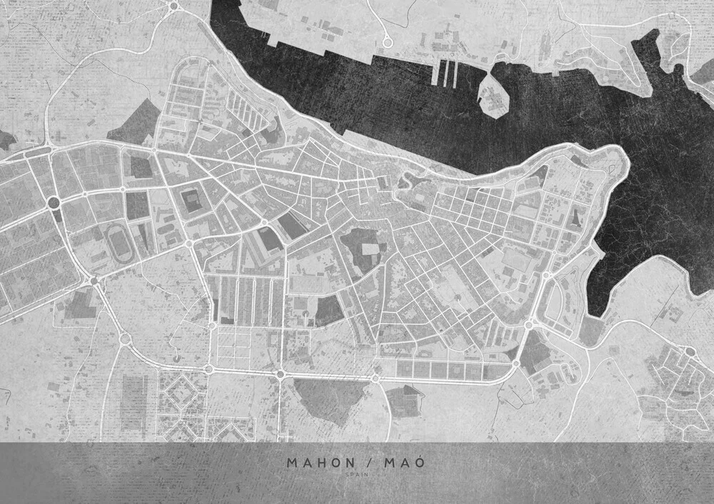 Gray distressed map of Mahón - fotokunst von Rosana Laiz García