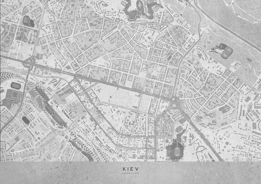 Grayscale distressed map of Kiev (pre war) - fotokunst von Rosana Laiz García