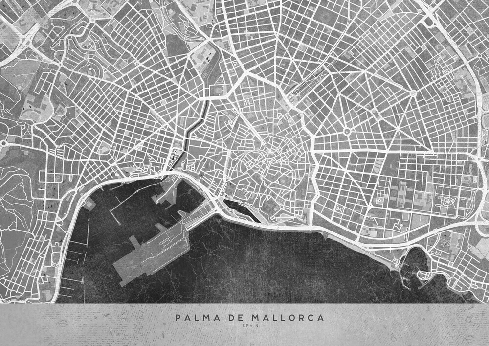 Gray vintage map of Palma de Mallorca - fotokunst von Rosana Laiz García
